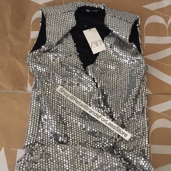 ZARA DRAPED WRAP  SILVER V NECK SEQUIN SHOULDER PADDED DRESS $119 - Picture 15 of 15